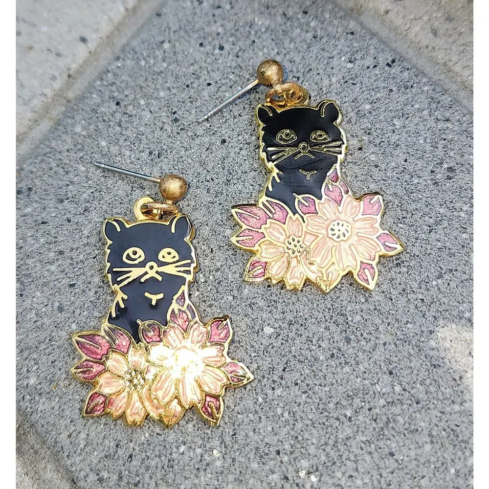 Cloisonne Gold Tone Black Cat Floral Enamel Pierced Dangle Earrings